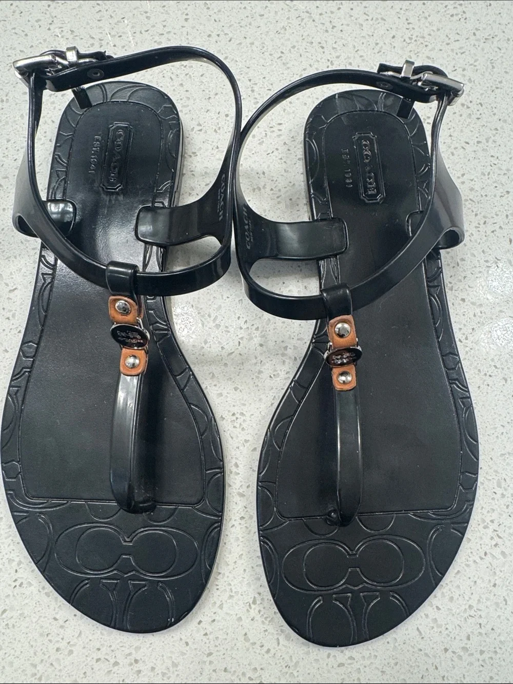 Coach Black T-Strap Jelly Sandals with Tan Accents size 37